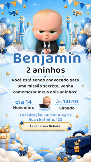 Convite de Aniversário Poderoso Chefinho Azul Editável