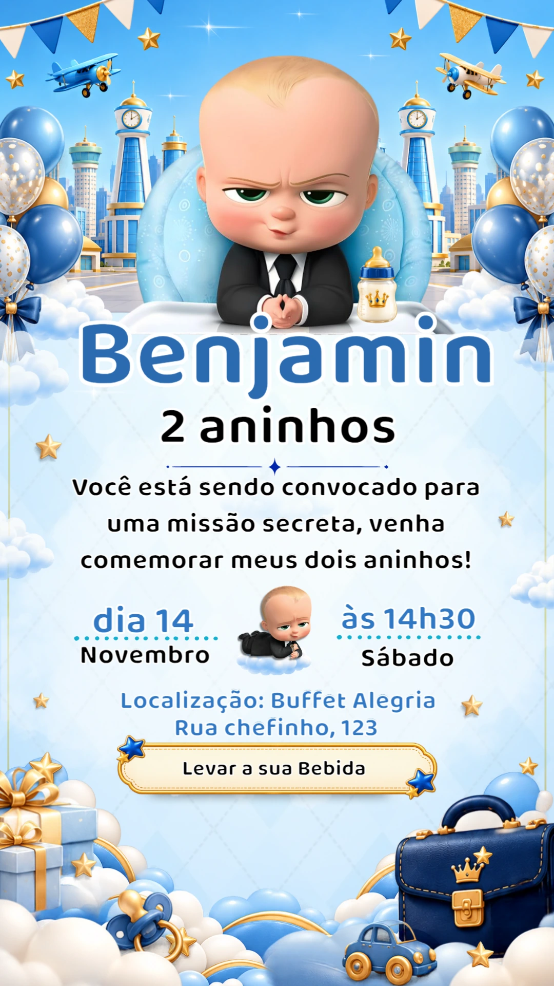 Convite de Aniversário Poderoso Chefinho Azul Editável Convite de Aniversário Poderoso Chefinho Azul Editável