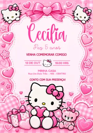 Convite de Aniversário Hello Kitty Festa Rosa para Editar