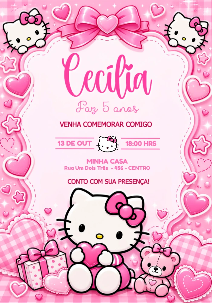 Convite de Aniversário Hello Kitty Festa Rosa para Editar Convite de Aniversário Hello Kitty Festa Rosa para Editar