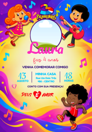 Convite de Aniversário 3 Palavrinhas com Foto Editável