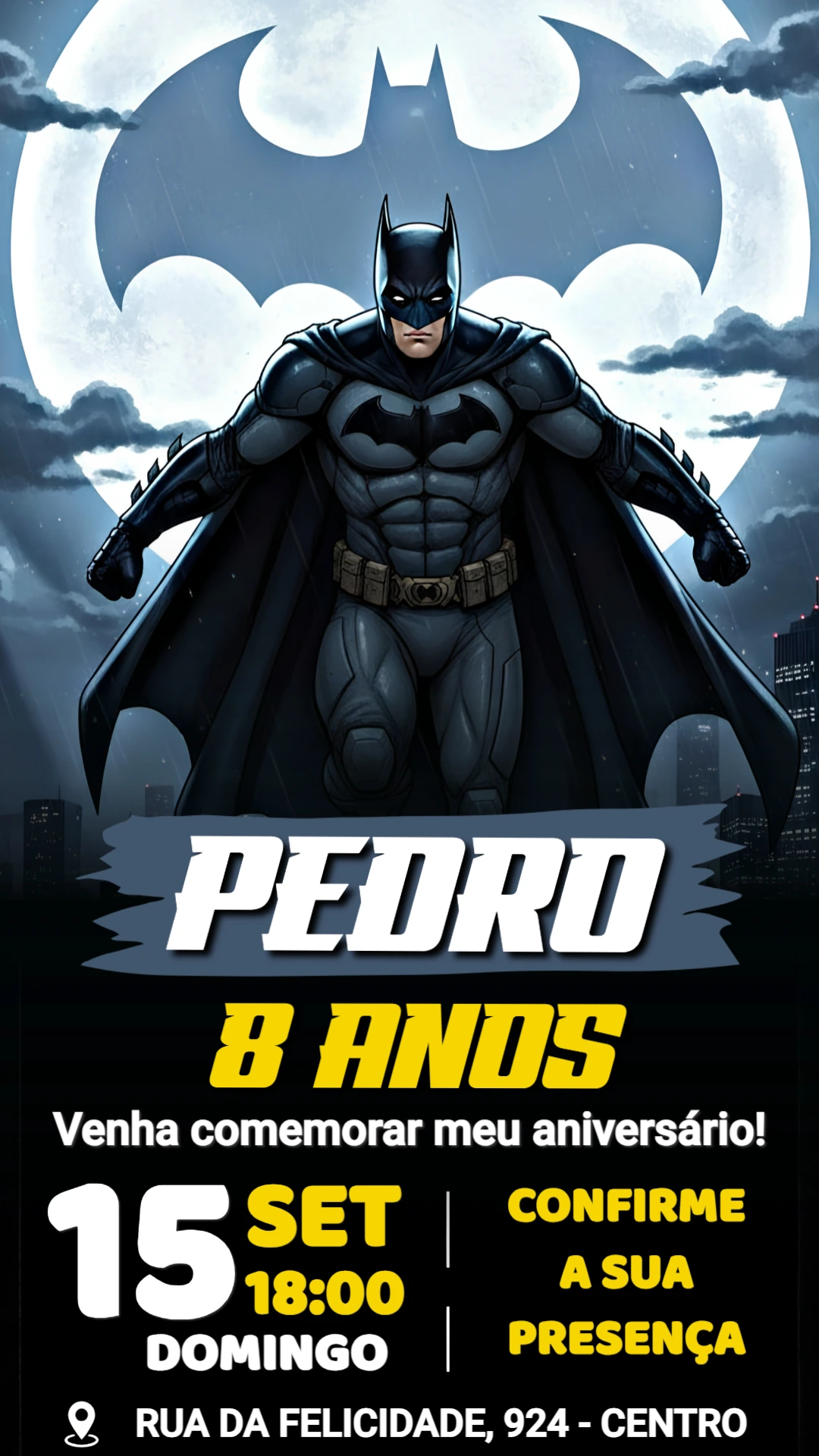 Convite de Aniversário Batman Editável para Festa de Herói Convite de Aniversário Batman Editável para Festa de Herói