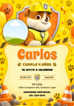 Invitación de Cumpleaños de Rubble Patrulla Canina con Foto Editable
