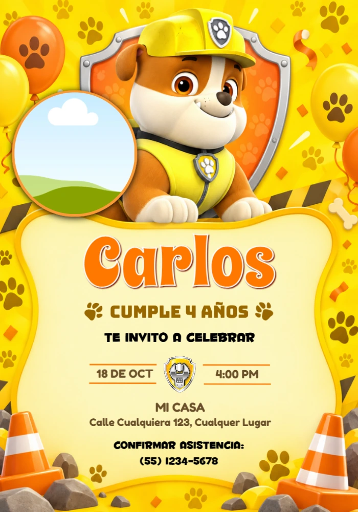 Invitación de Cumpleaños de Rubble Patrulla Canina con Foto Editable Invitación de Cumpleaños de Rubble Patrulla Canina con Foto Editable
