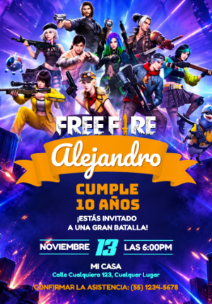 Invitación de Cumpleaños Free Fire Editable para Fiesta Gamer
