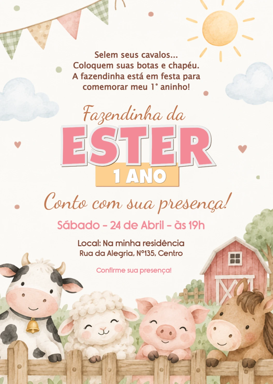 Convite de Aniversário Fazendinha Aquarela para Editar Convite de Aniversário Fazendinha Aquarela para Editar