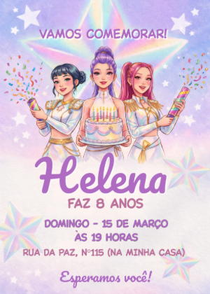 Convite de Aniversário Guerreiras do Kpop com Bolo Editável