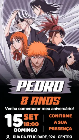 Convite de Aniversário Bleach | Modelo Digital Editável para Festa