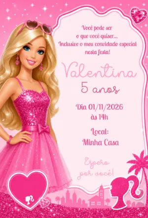 Convite de Aniversário Barbie Vestido de Lantejoulas Editável