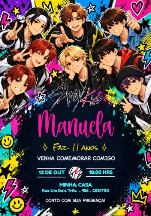 Convite de Aniversário Stray Kids Estilo Anime para Editar