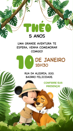 Convite Animado Mickey Safari: Vídeo Editável para Aniversário