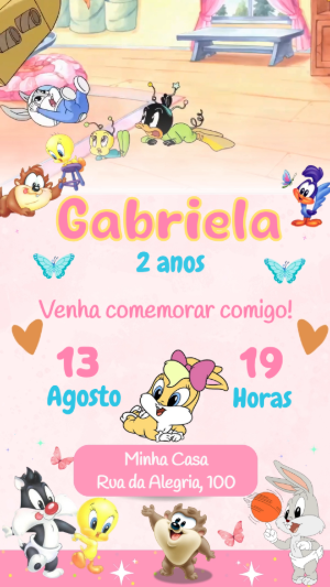 Convite Animado de Aniversário Baby Looney Tunes para Editar