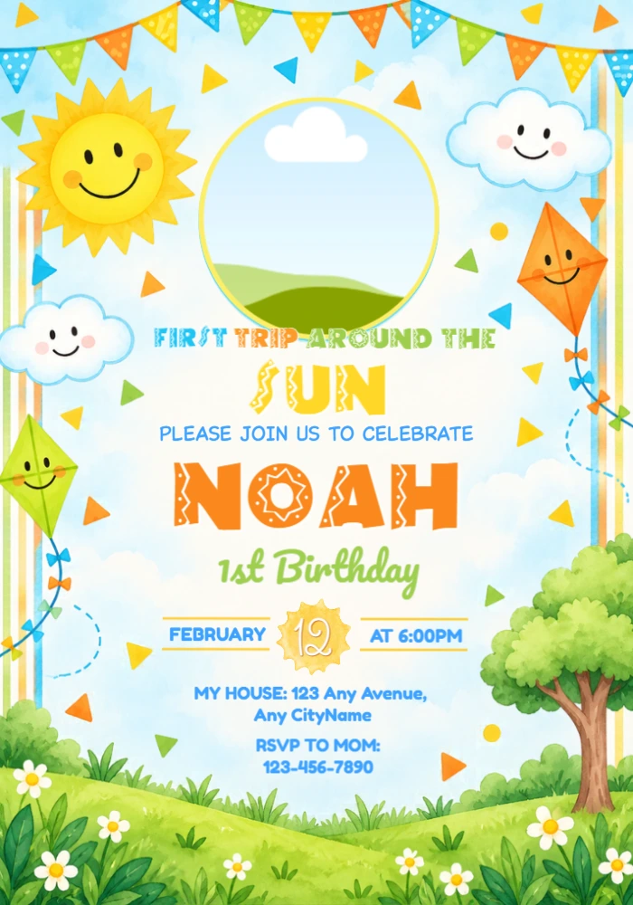 First Trip Around the Sun Editable Birthday Photo Invitation First Trip Around the Sun Editable Birthday Photo Invitation