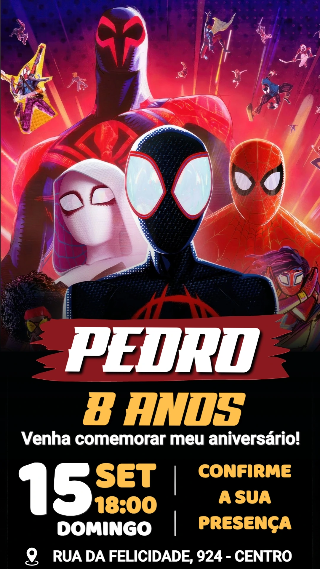 Convite de Aniversário Homem-Aranha Aranhaverso Editável Convite de Aniversário Homem-Aranha Aranhaverso Editável