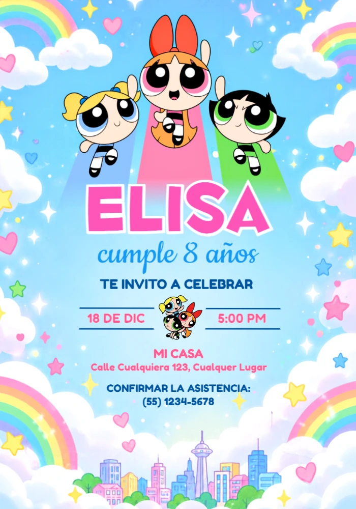 Invitación de Cumpleaños Las Chicas Superpoderosas Editable Invitación de Cumpleaños Las Chicas Superpoderosas Editable