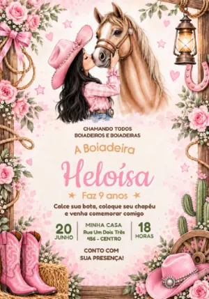 Convite de Aniversário Boiadeira Aquarela para Editar