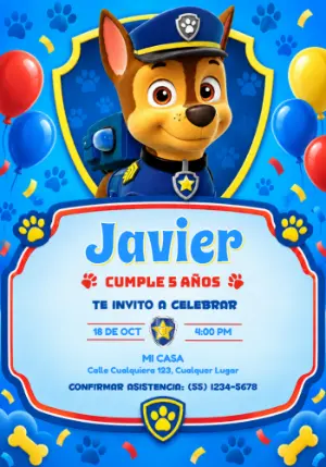 Invitación de Cumpleaños de Chase Patrulla Canina Editable