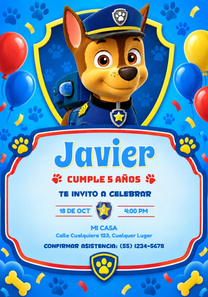 Invitación de Cumpleaños de Chase Patrulla Canina Editable Invitación de Cumpleaños de Chase Patrulla Canina Editable