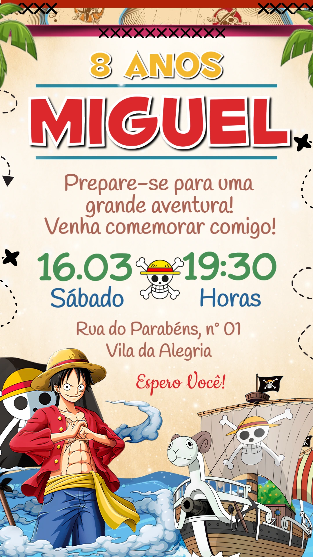 Convite de Aniversário One Piece: Modelo Digital Editável Convite de Aniversário One Piece: Modelo Digital Editável