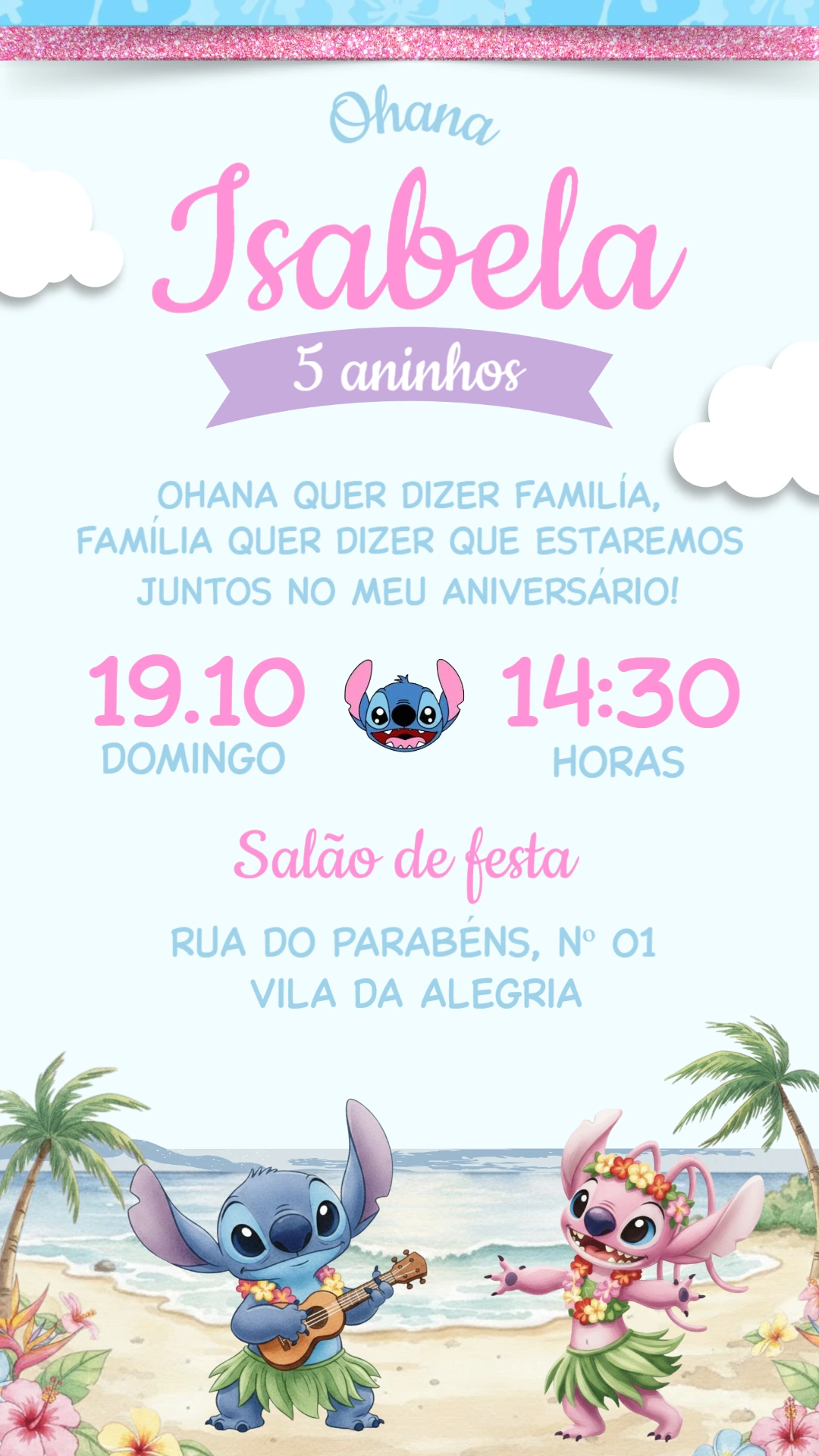 Convite de Aniversário Stitch e Angel na Praia Tropical Editável Convite de Aniversário Stitch e Angel na Praia Tropical Editável