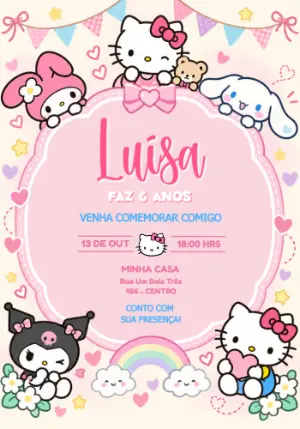 Convite de Aniversário Hello Kitty e Amigos para Editar