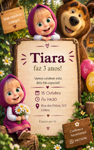 Convite de Aniversário Masha e o Urso para Menina Editável