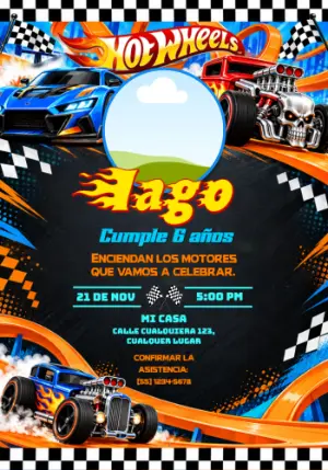 Invitación de Cumpleaños Hot Wheels: Carrera en Pista con Foto