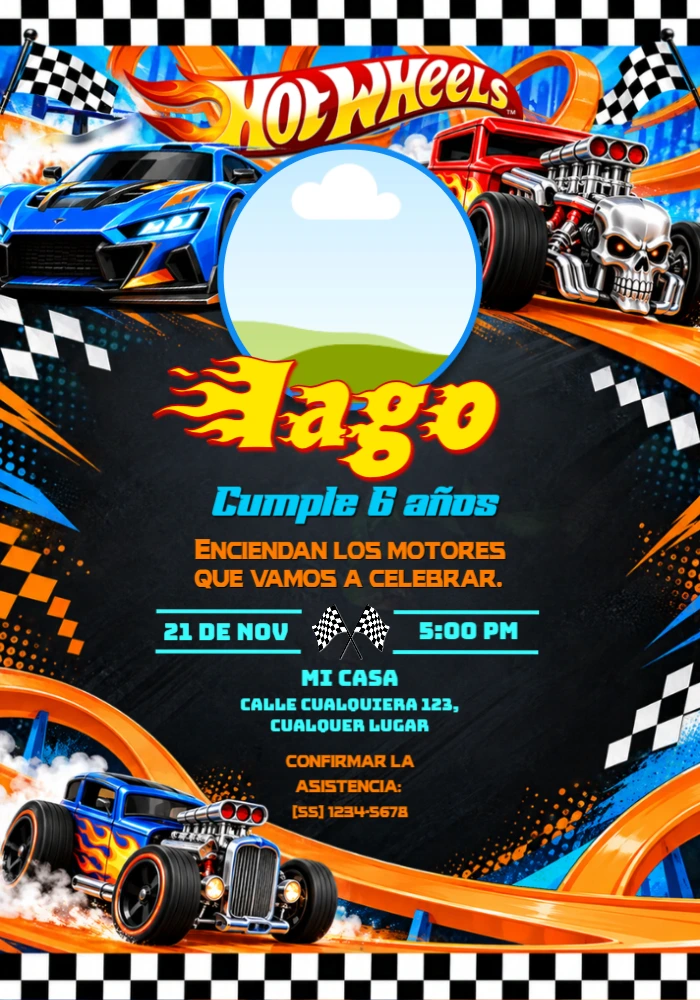 Invitación de Cumpleaños Hot Wheels: Carrera en Pista con Foto Invitación de Cumpleaños Hot Wheels: Carrera en Pista con Foto