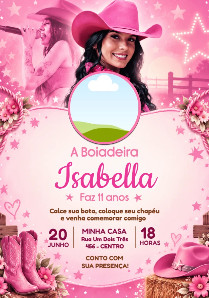 Convite de Aniversário Ana Castela Boiadeira com Foto Editável Convite de Aniversário Ana Castela Boiadeira com Foto Editável