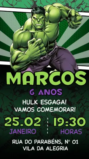 Convite de Aniversário Hulk em Pose de Ataque para Editar