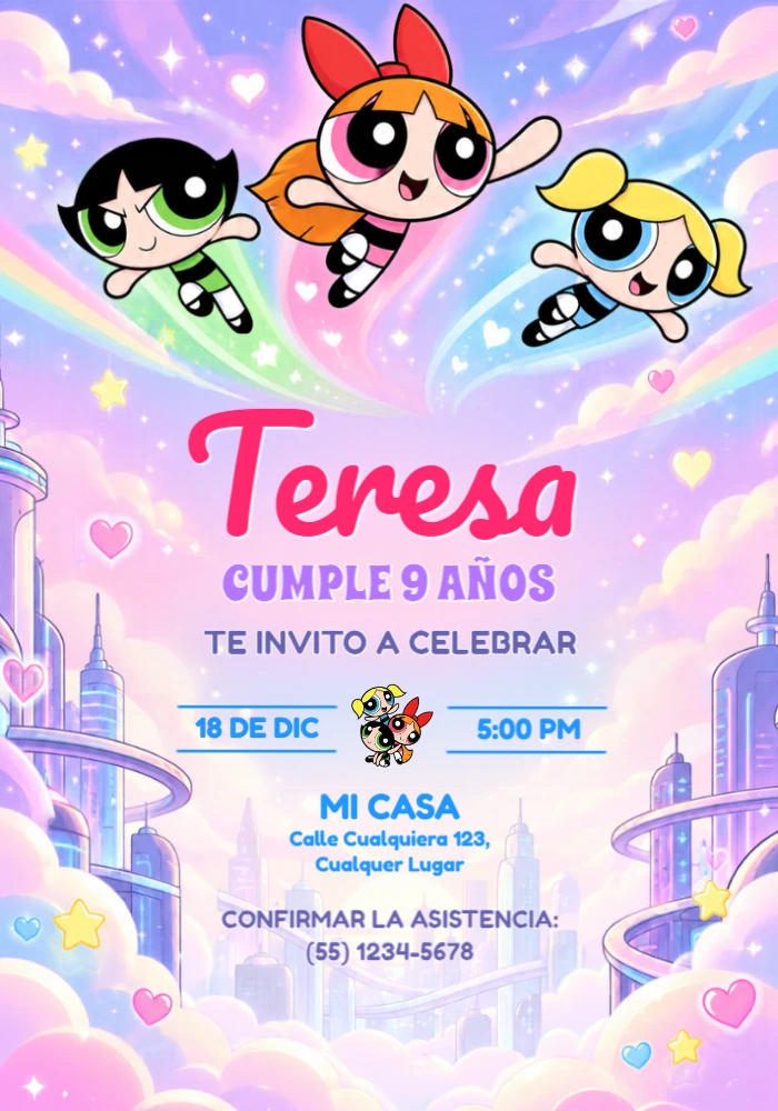 Invitación de Cumpleaños Las Chicas Superpoderosas Editable Invitación de Cumpleaños Las Chicas Superpoderosas Editable