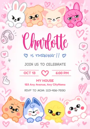 Stray Kids Birthday Invitation with Cute SKZOO Characters | Editable