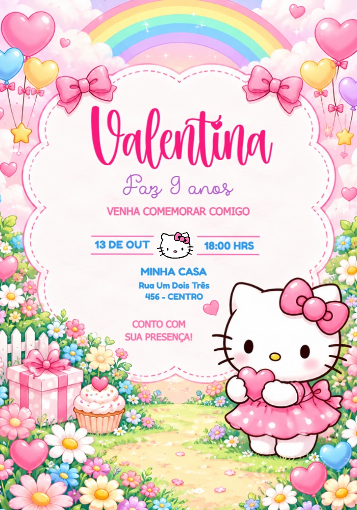 Convite de Aniversário Hello Kitty Editável para Festa Infantil Convite de Aniversário Hello Kitty Editável para Festa Infantil