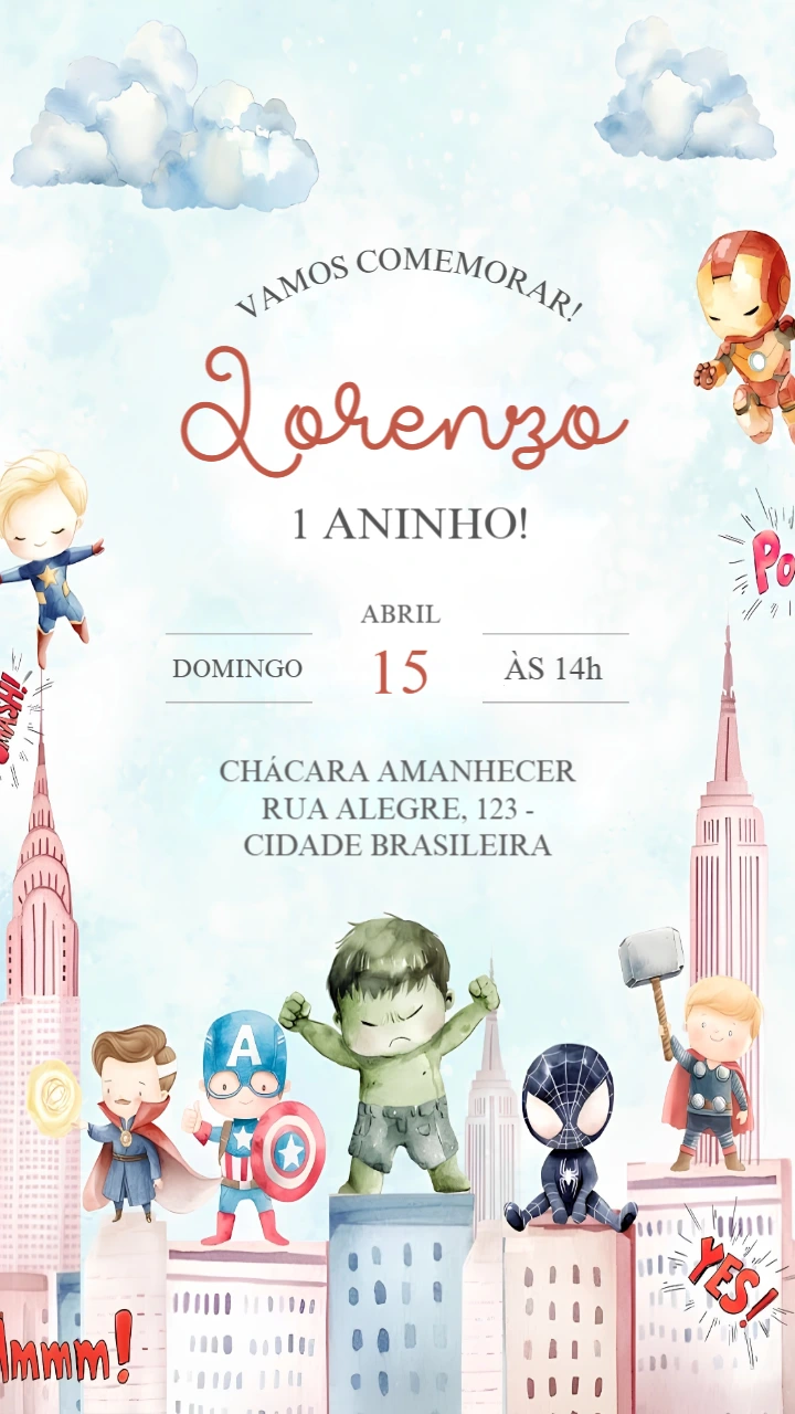 Convite de Aniversário Vingadores Aquarela Editável Convite de Aniversário Vingadores Aquarela Editável