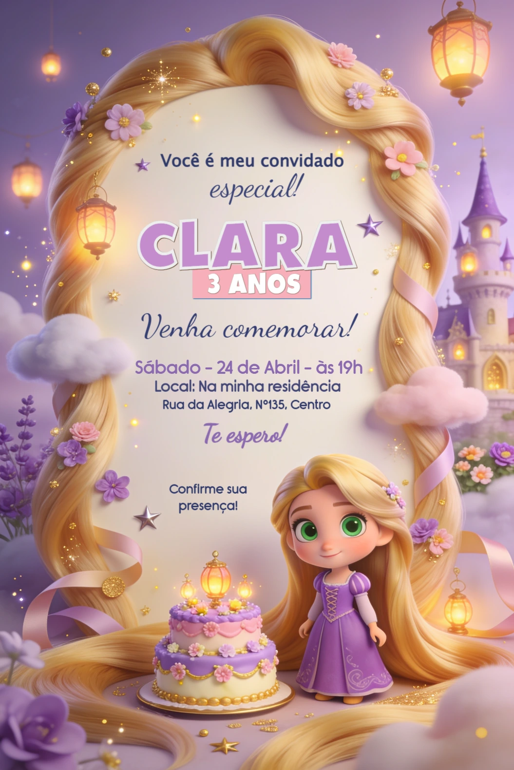 Convite de Aniversário Rapunzel Enrolados Lilás para Editar Convite de Aniversário Rapunzel Enrolados Lilás para Editar