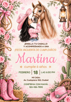 Invitación Editable de Cumpleaños Vaquerita Rosa