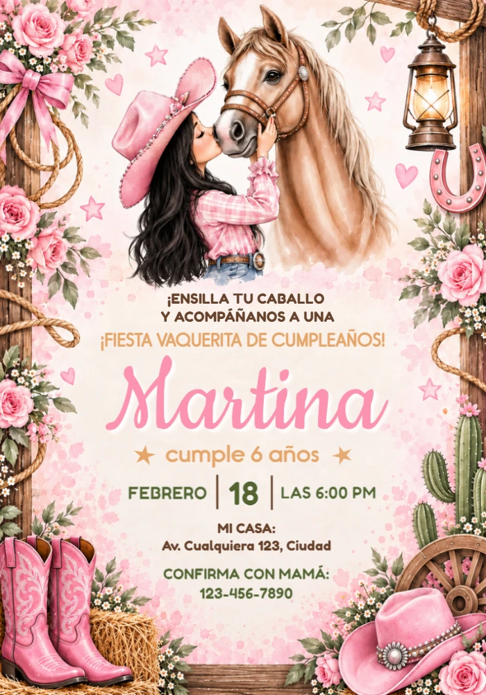 Invitación Editable de Cumpleaños Vaquerita Rosa Invitación Editable de Cumpleaños Vaquerita Rosa