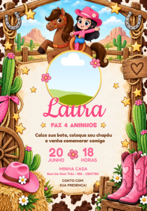 Convite de Aniversário Boiadeirinha Rosa com Foto Editável