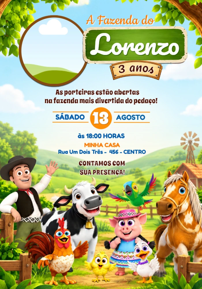 Convite de Aniversário A Fazenda do Zenon com Foto Editável Convite de Aniversário A Fazenda do Zenon com Foto Editável