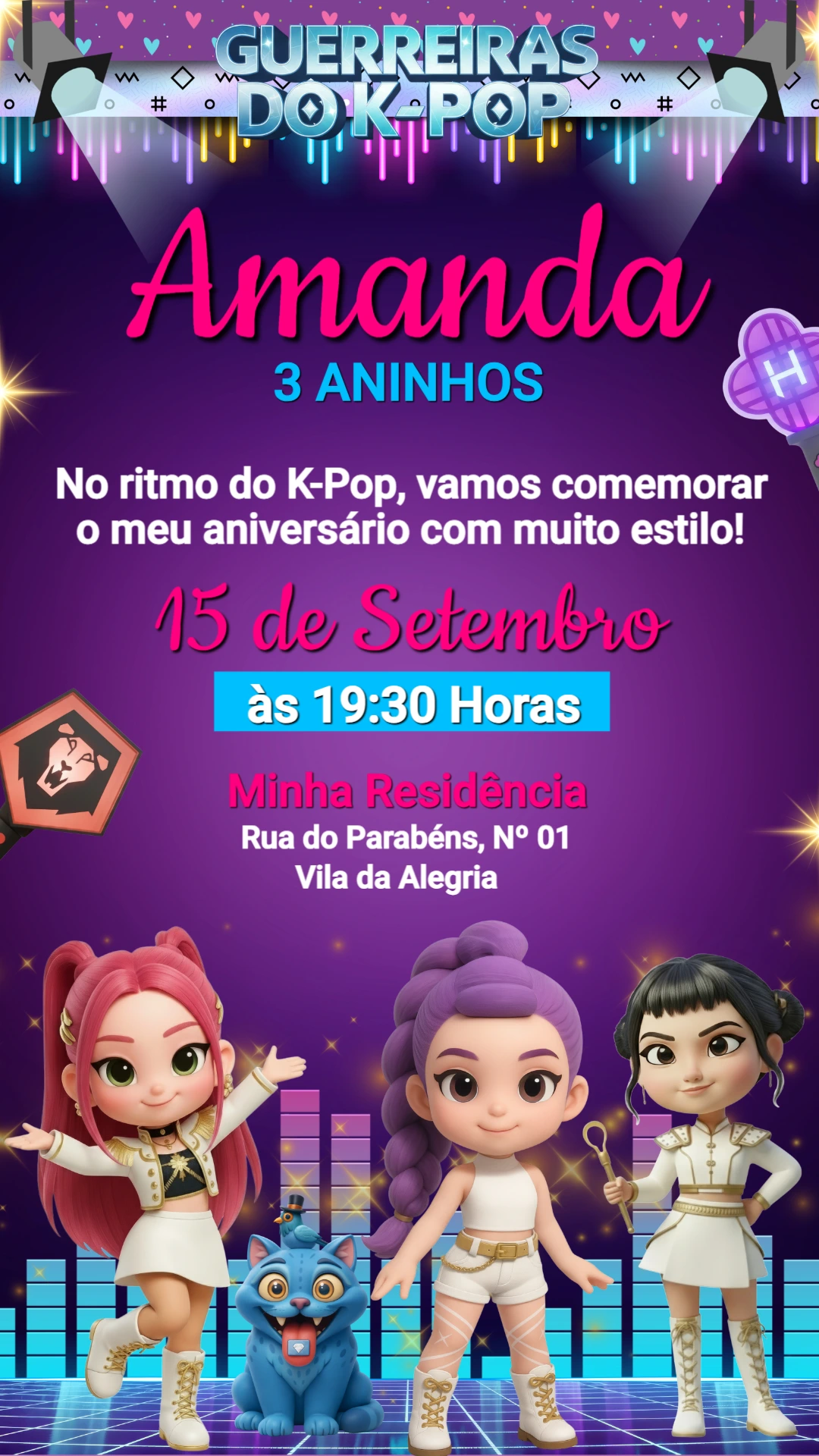 Convite de Aniversário Guerreiras do K-pop Estilo Neon Editável Convite de Aniversário Guerreiras do K-pop Estilo Neon Editável