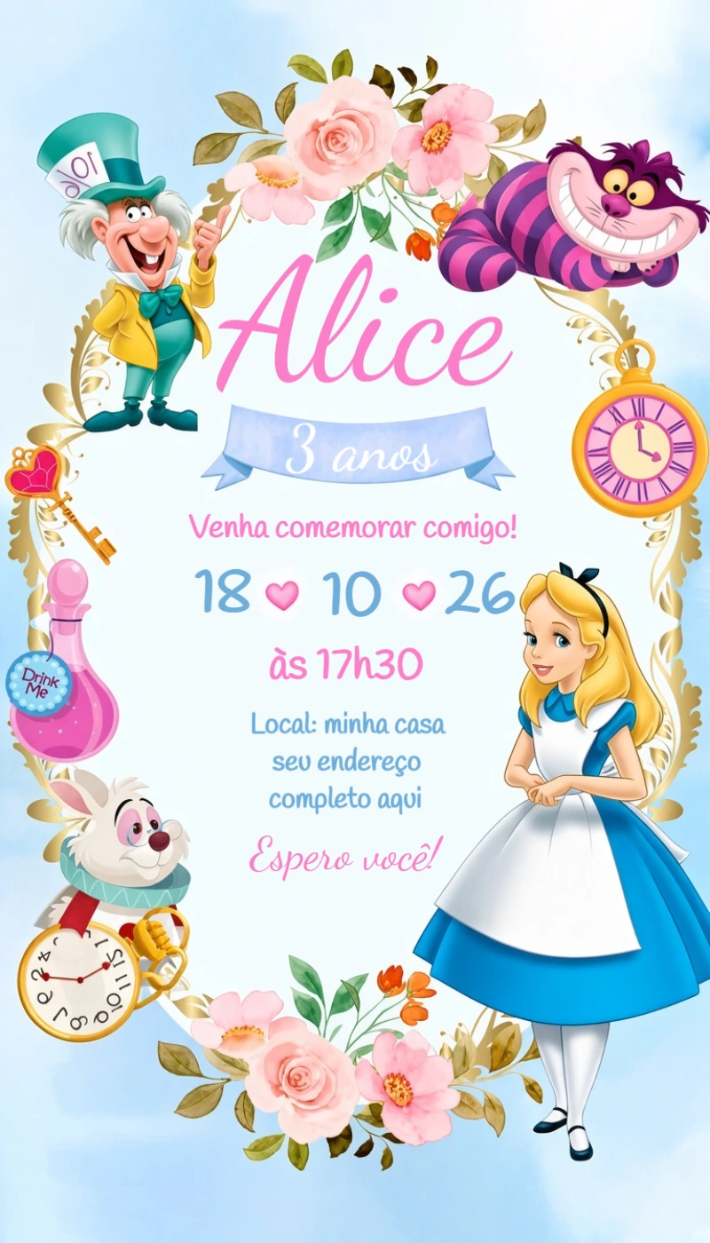 Convite de Aniversário Alice no País das Maravilhas Editável Convite de Aniversário Alice no País das Maravilhas Editável