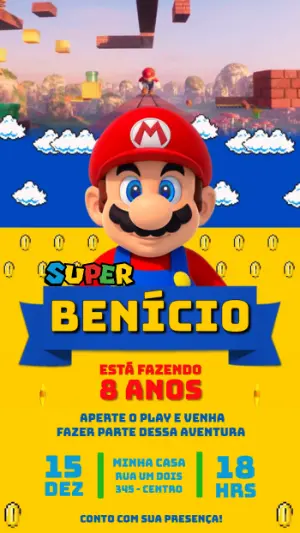 Convite Animado de Aniversário Super Mario para Editar