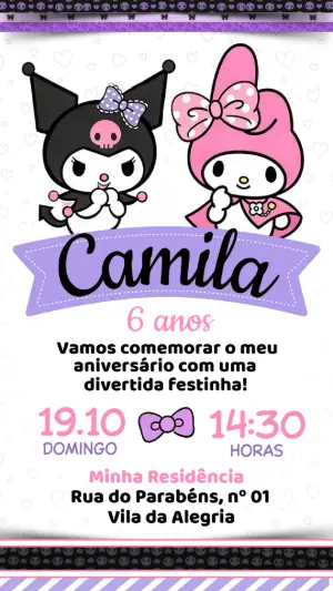 Convite de Aniversário Kuromi e Melody Editável para Festa