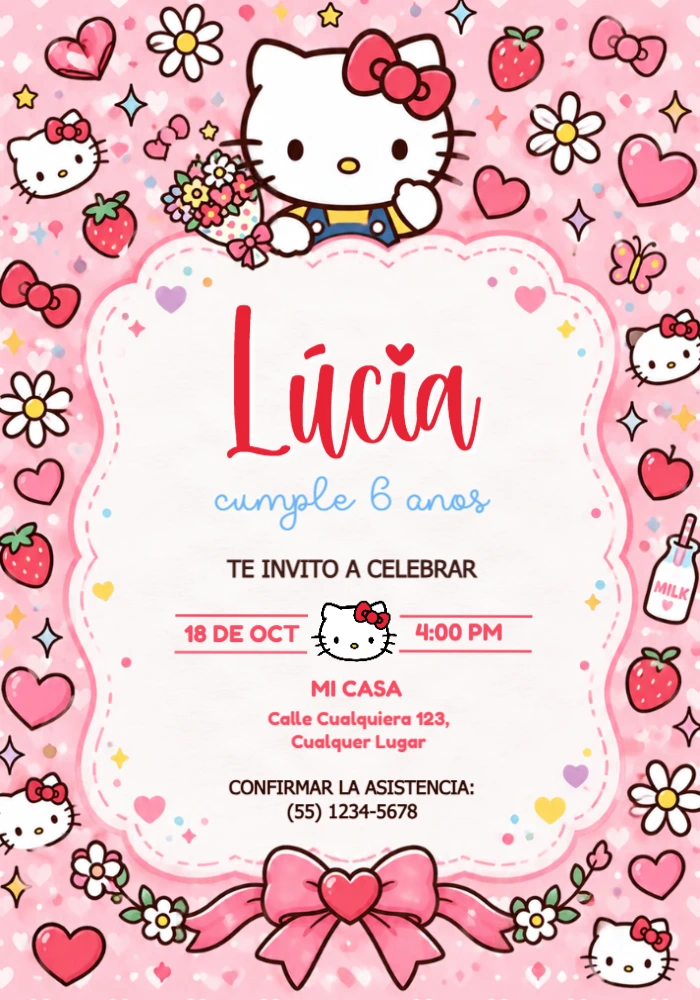 Invitación de Cumpleaños Hello Kitty Digital y Editable Invitación de Cumpleaños Hello Kitty Digital y Editable