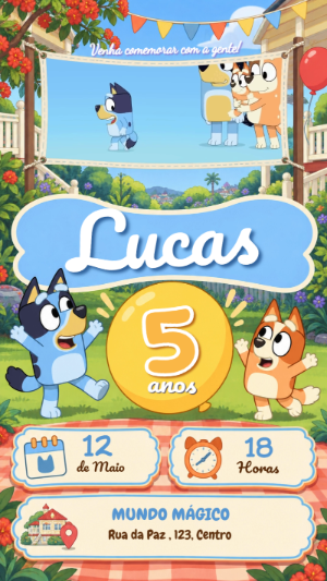 Convite Animado de Aniversário Bluey e Bingo para Editar Online