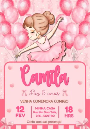 Convite Editável de Aniversário Infantil com Tema Bailarina Rosa