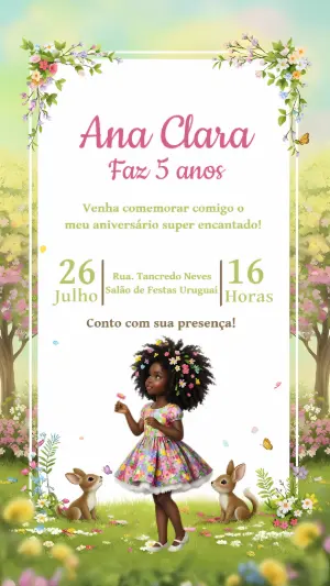 Convite Aniversário Jardim Encantado Menina Negra para Editar