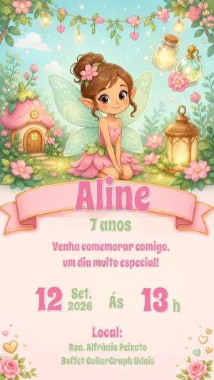 Convite de Aniversário Fada Encantada Editável para Menina