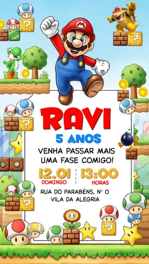 Convite de Aniversário Super Mario Infantil para Editar