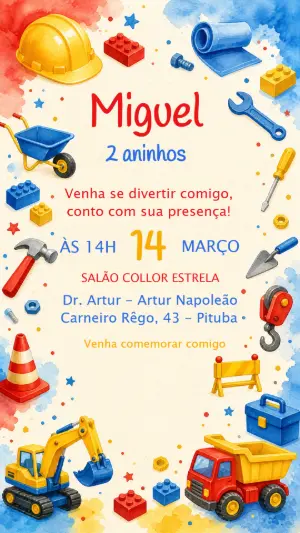 Convite de Aniversário Construção Aquarela para Editar
